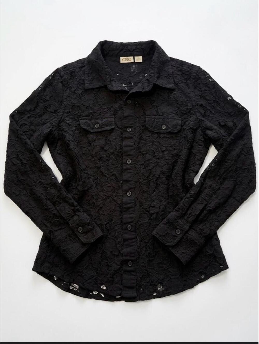 Vintage semi sheer Cato Black Crinkled Textured Button Up Shirt Blouse - SizeXl